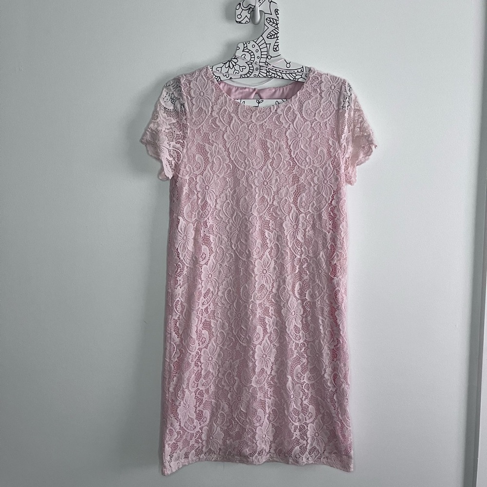 Juicy Couture Lace Dress Womens M Barbie Pink Midi Overlay Shift Sheath used